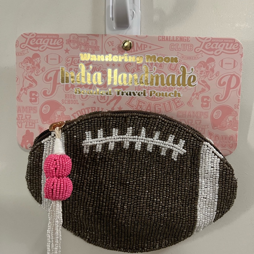 Beaded Football Pouch - Brown and White